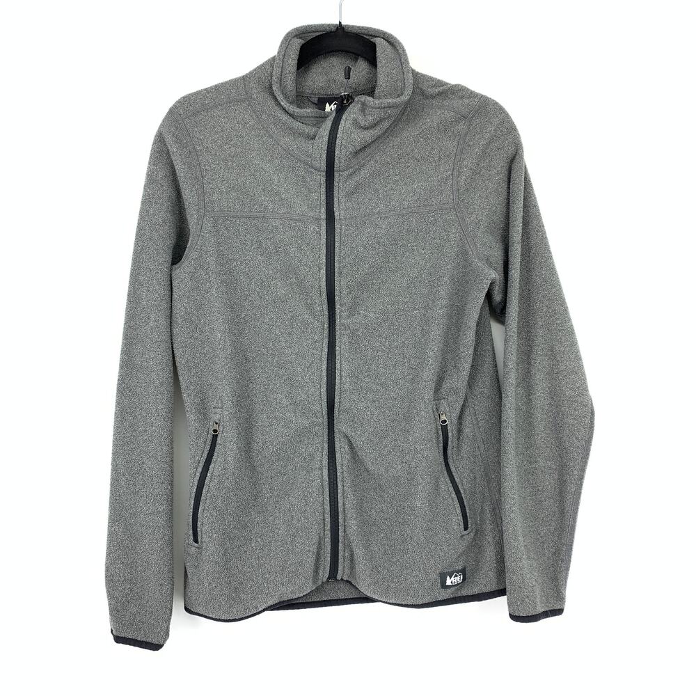 REI Co Op Full Zip Fleece Jacket Womens Size M Gray High Neck Front Zip Pockets